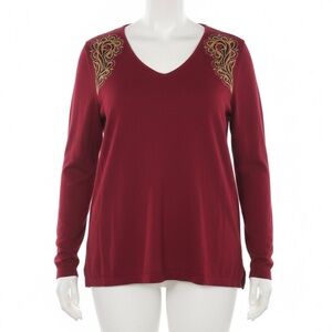 BOB MACKIE 1X Burgundy Red Sweater Art-to-Wear Embroidered Jeweled Shoulder Top